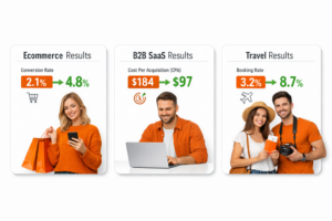 Three-panel case study results dashboard. Panel 1 Ecommerce (conversion rate graph 2.1%→4.8%), Panel 2 B2B SaaS (CPA reduction $184→$97), Panel 3 Travel (booking rate 3.2%→8.7%).