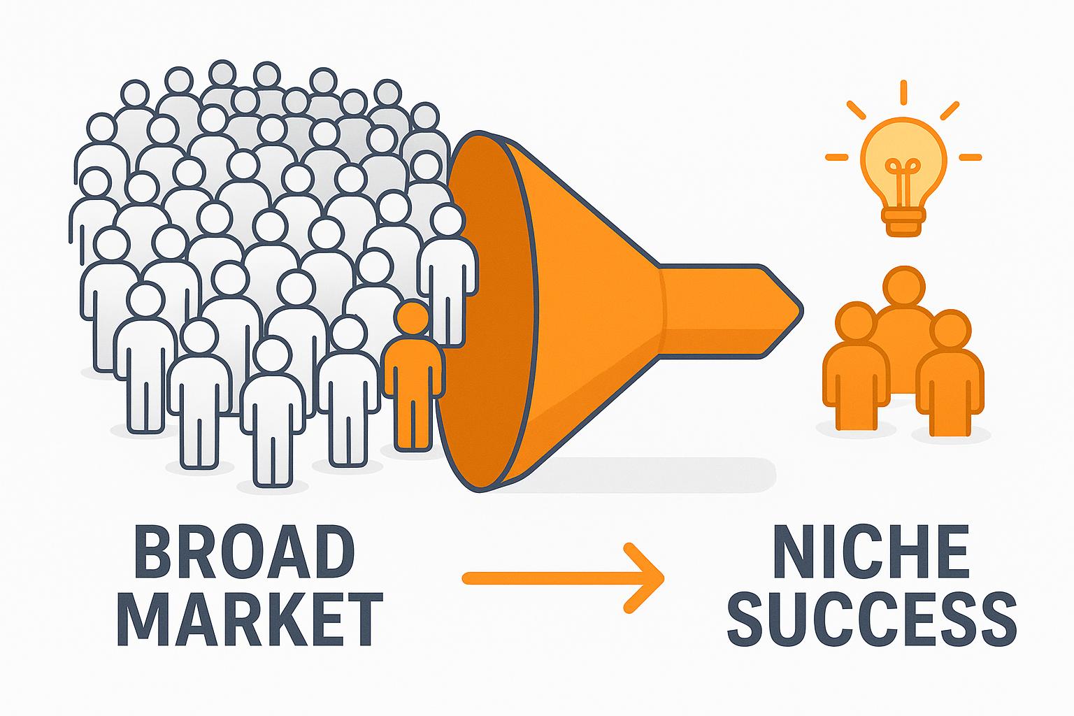 Infographic funnel showing broad market narrowing to niche audience.