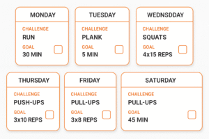 7-day calendar with each day's challenge, goal, checkbox - designed like workout program