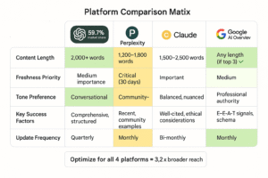 Comparison matrix showing content optimization requirements across ChatGPT Perplexity Claude and Google AI Overviews including content length freshness tone and success factors