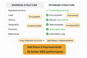 Comparison table showing Wikipedia article structure on left versus GEO-optimized content structure on right with highlighted improvements and additions