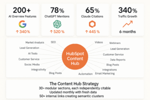 Dashboard showing HubSpot content hub success metrics including 200 plus AI Overview features 78 percent ChatGPT mentions and 340 percent traffic growth with hub and spoke diagram