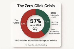 Donut chart visualization showing 57 percent of all searches result in zero clicks due to AI-generated answers costing businesses 18 billion dollars in lost traffic