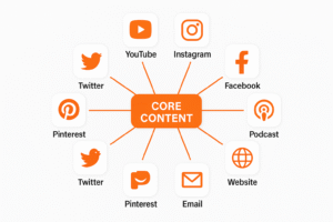 Flowchart - one core content in center, branching to 10 platform icons with descriptions