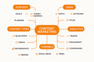 Mind map - Content Marketing center, 5 branches to clusters, each splitting into 3-4 keywords