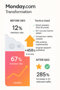 Monday.com increasing AI mention rate from 12 to 67 percent representing 458 percent improvement using GEO optimization strategies