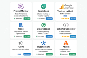 Nine-panel grid showcasing essential GEO tools including PromptMonitor Superlines Frase Clearscope HARO BuzzStream and Ahrefs with pricing tiers and user ratings