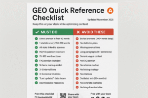 Printable GEO optimization checklist with two columns showing must-do requirements marked with green checkmarks and mistakes to avoid marked with red X symbols
