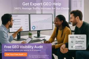 Professional marketing team collaborating in modern office analyzing GEO strategy results on multiple monitors showing ChatGPT mentions analytics growth charts and optimization checklists