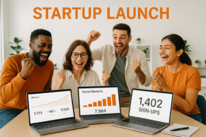 STARTUP LAUNCH - Startup team celebrating launch