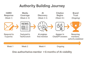 Timeline flowchart showing authority building process from HARO journalist responses to media coverage to AI citations establishing brand trust over eight weeks