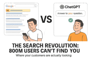 comparison of traditional Google search results with 10 blue links versus ChatGPT AI-generated direct answer highlighting brand visibility differences in 2025