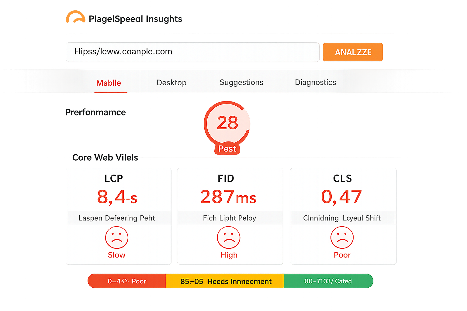 PageSpeed Insights showing poor Core Web Vitals scores with LCP 8.4s, FID 287ms, and CLS 0.47 before optimization