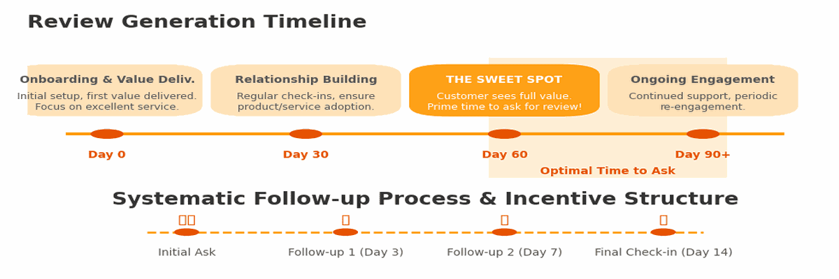 Review generation timeline showing 60-90 day sweet spot for asking customers with systematic follow-up process and incentive structure" Placement: After review generation strategy