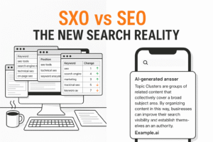Search Experience Optimization versus traditional SEO showing AI search results with brand visibility on mobile device