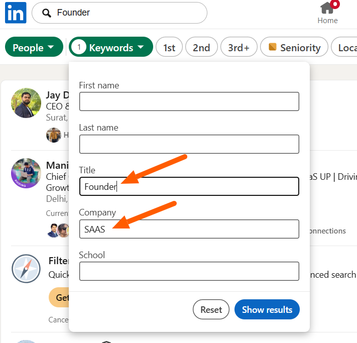 Searching For SAAS founders via Filter on LinkedIn