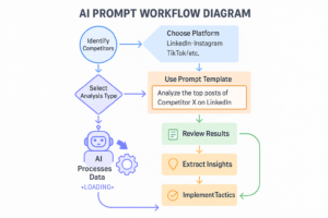 AI-powered competitor analysis workflow diagram showing step-by-step process from data collection to strategy implementation