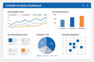 Mock LinkedIn analytics dashboard showing competitor metrics