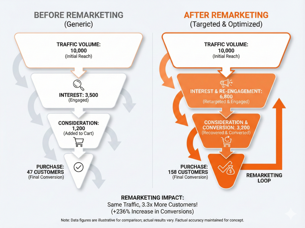 Marketing funnel comparison showing before remarketing with 47 customers vs after remarketing with 158 customers from same traffic volume
