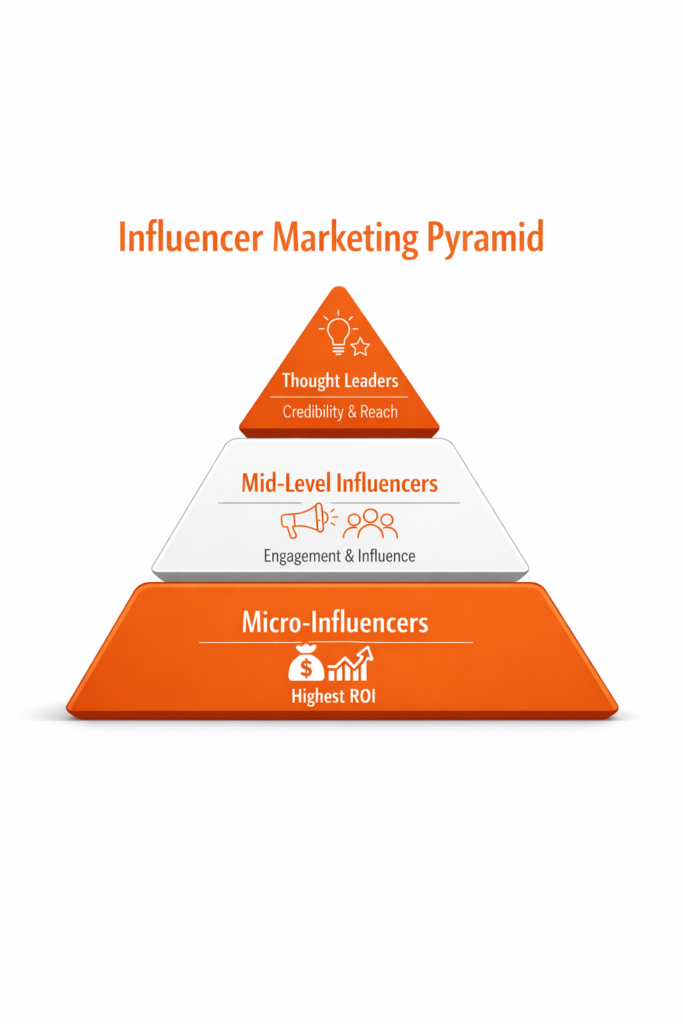 Influencer marketing pyramid showing micro-influencers at base with highest ROI, mid-level in middle, and thought leaders at top for credibility