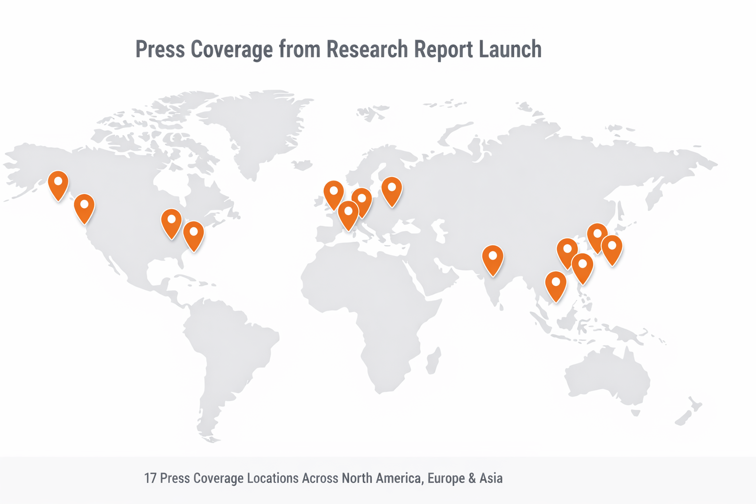 World map highlighting 17 press coverage locations across North America, Europe, and Asia from original research report launch