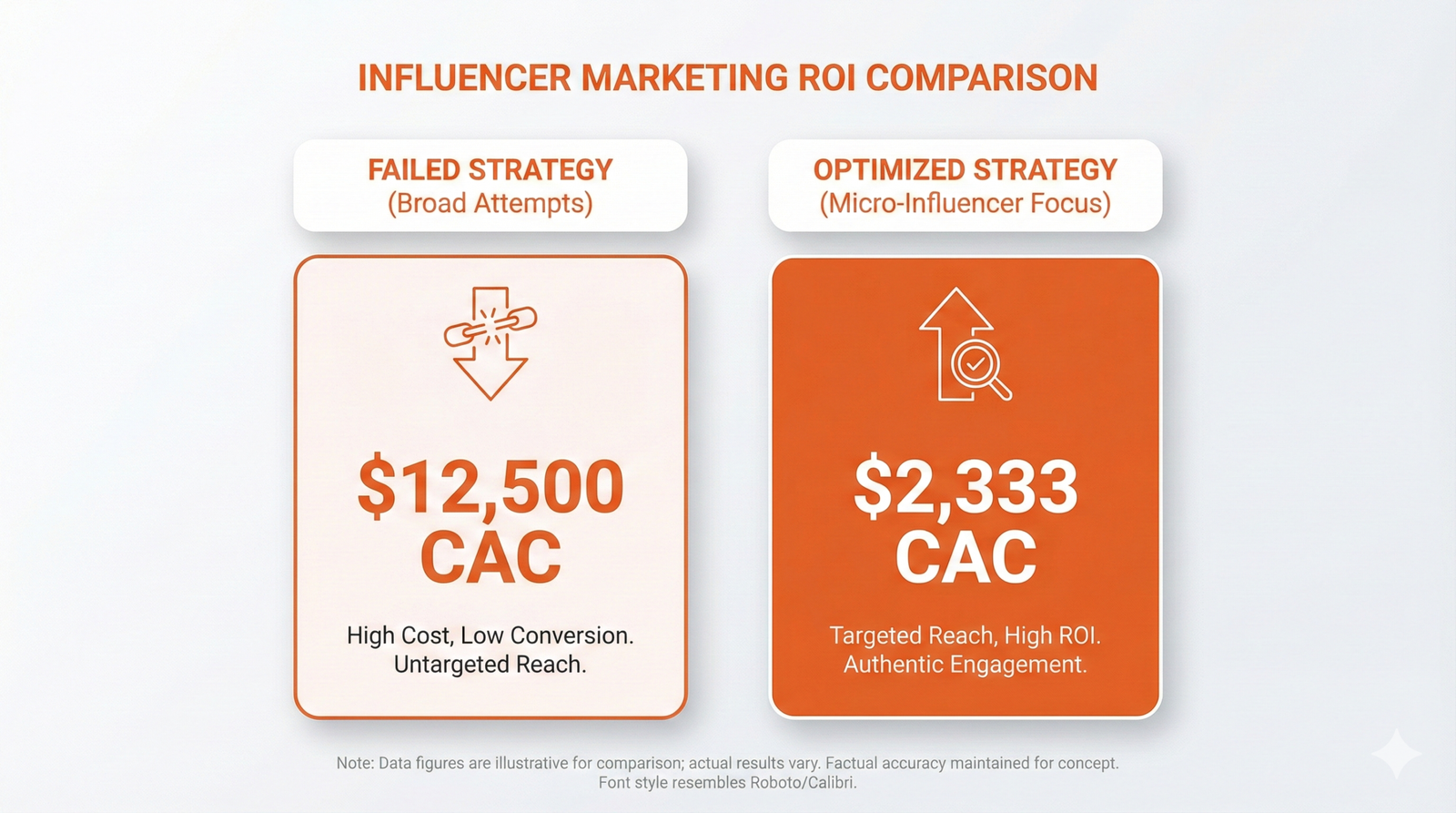 Influencer marketing ROI comparison showing failed attempts at $12,500 CAC versus optimized micro-influencer strategy at $2,333 CAC