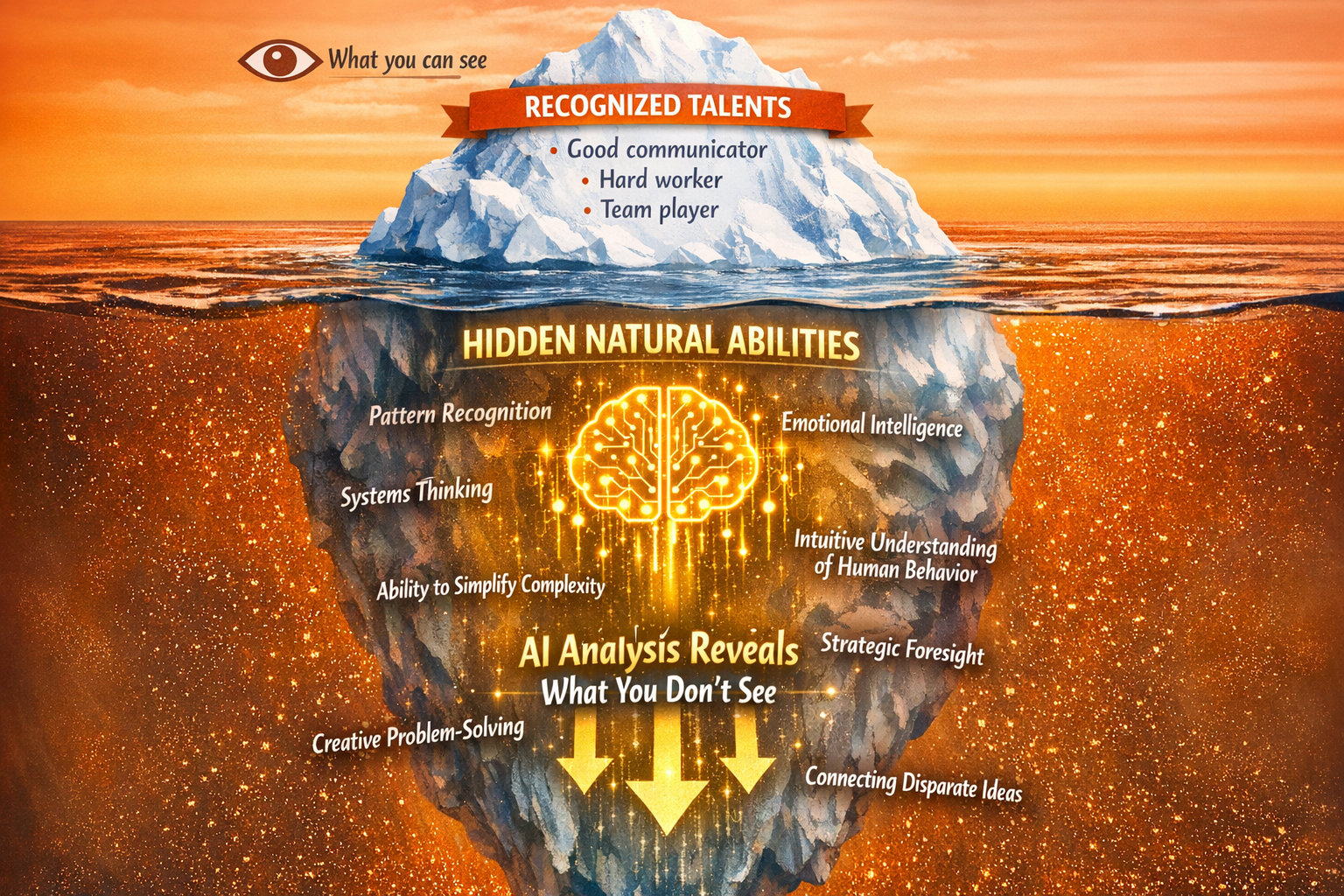 Iceberg diagram visualization showing small portion of recognized talents above water versus large hidden portion of natural abilities below surface, with AI technology icon illuminating the hidden talents that remain unconscious until analyzed
